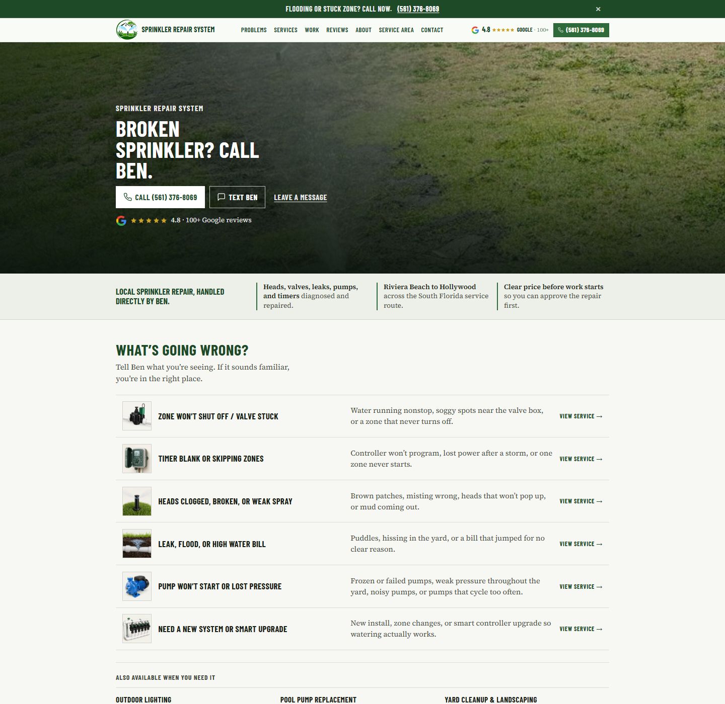 Sprinkler Repair System homepage with problem list: stuck valves, blank timers, leaks, and pumps
